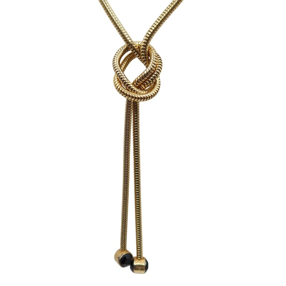 Vintage Wrap Around Knotted Lariat Gold Tone Claspless Necklace w/ Black Finial - Picture 2 of 7